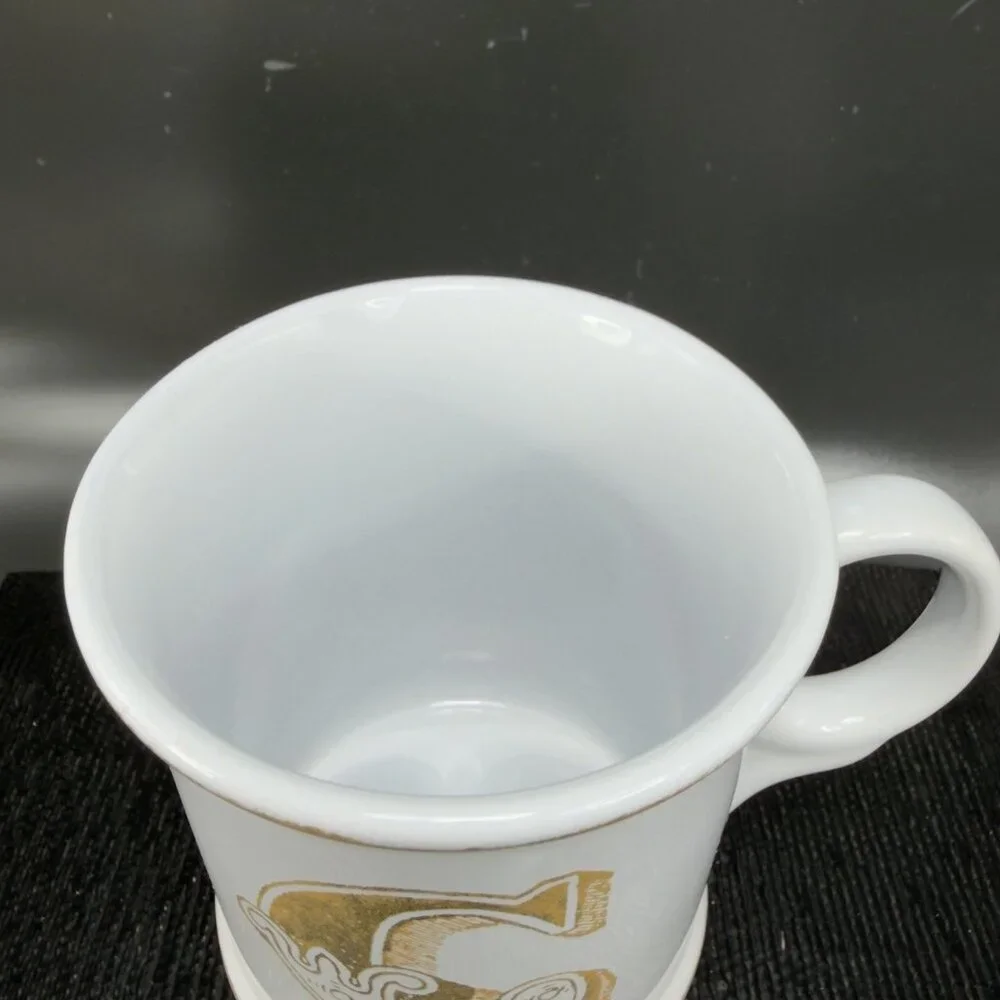 Williams Sonoma Brushed Gold Monogram Letter C Ceramic White Gold Coffee Mug Cup